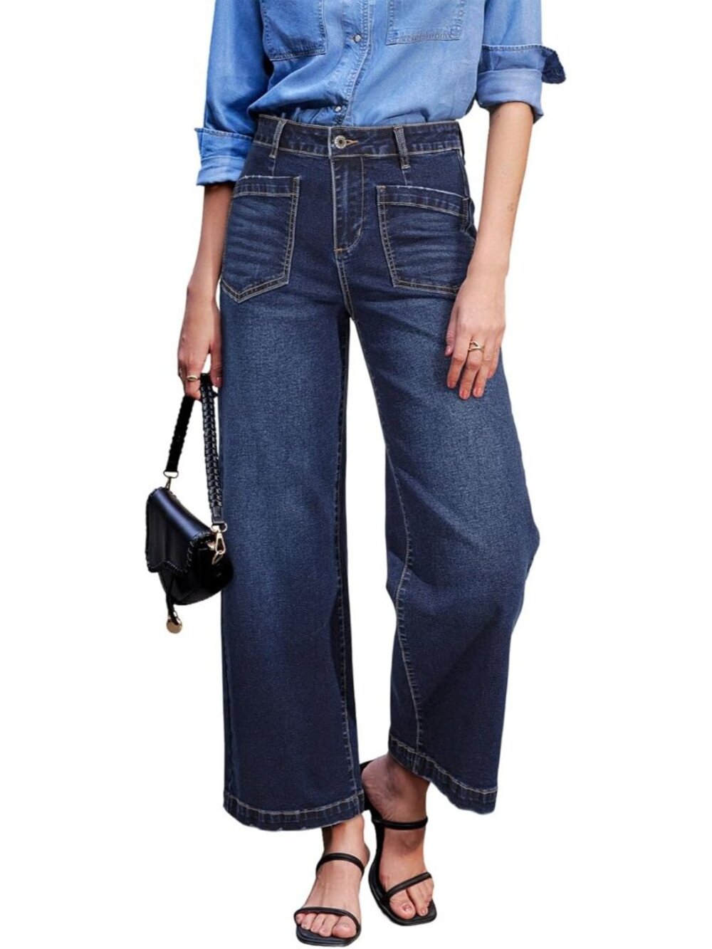 Women's Dark Blue Wide Leg Jeans High Waisted Stretchy Stylish Ankle Denim Pant